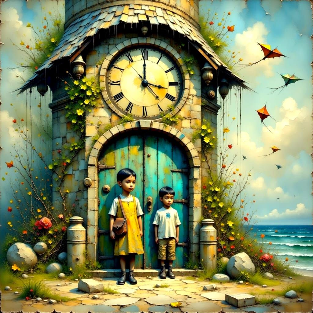 Textured Clocktower Impasto Painting with Carved Names