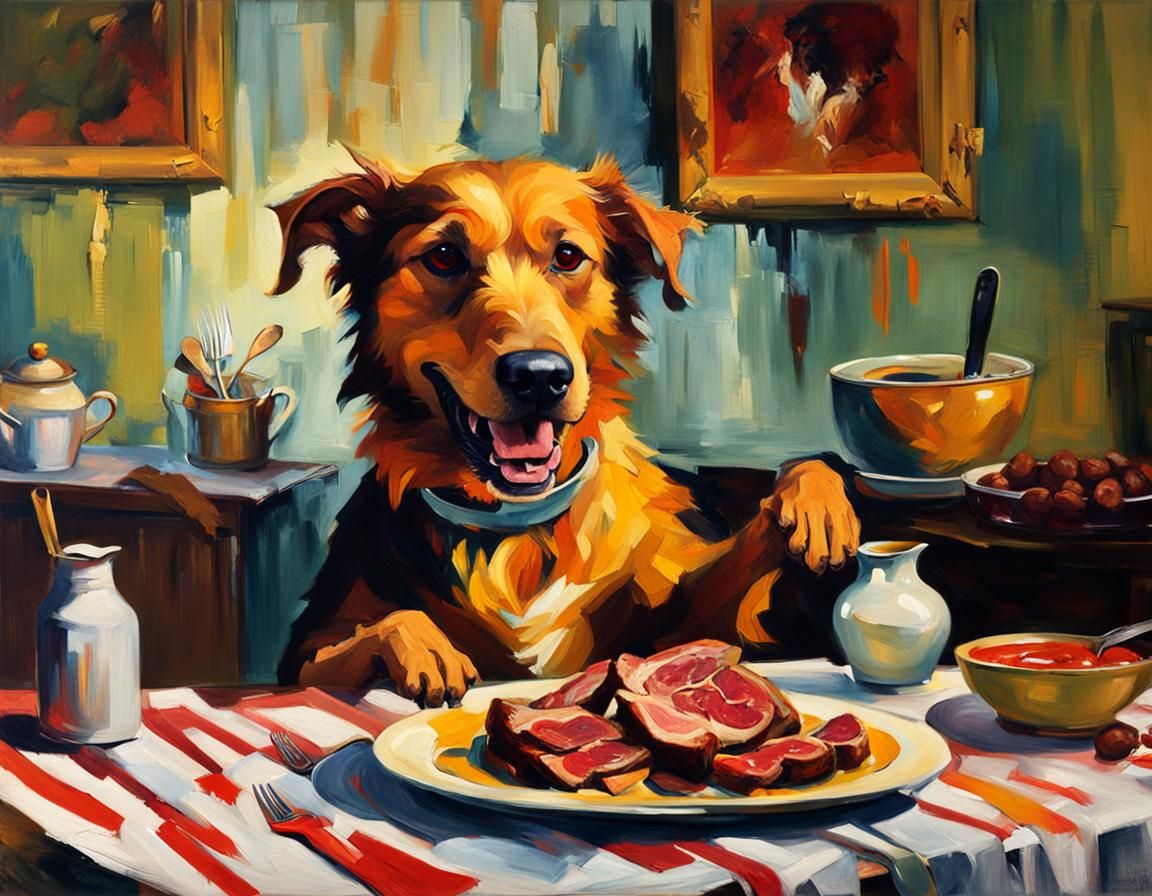 Impressionist Dog Steals Meat in Vivid Colors