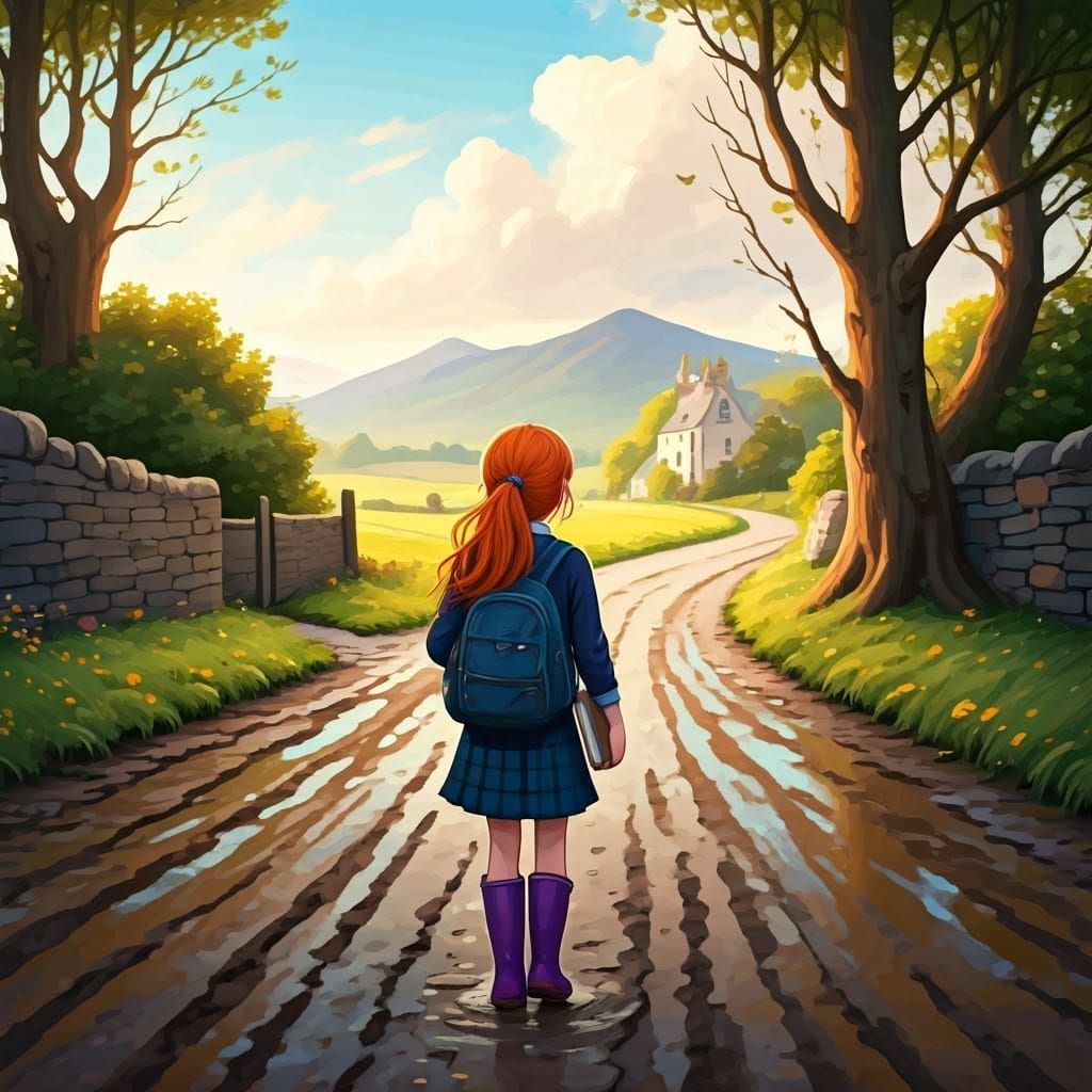 Ginger Girl Walking Muddy Lane in Whimsical Style