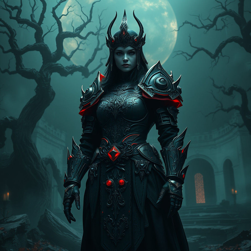 Gothic Woman in Armor Amidst Ancient Ruins
