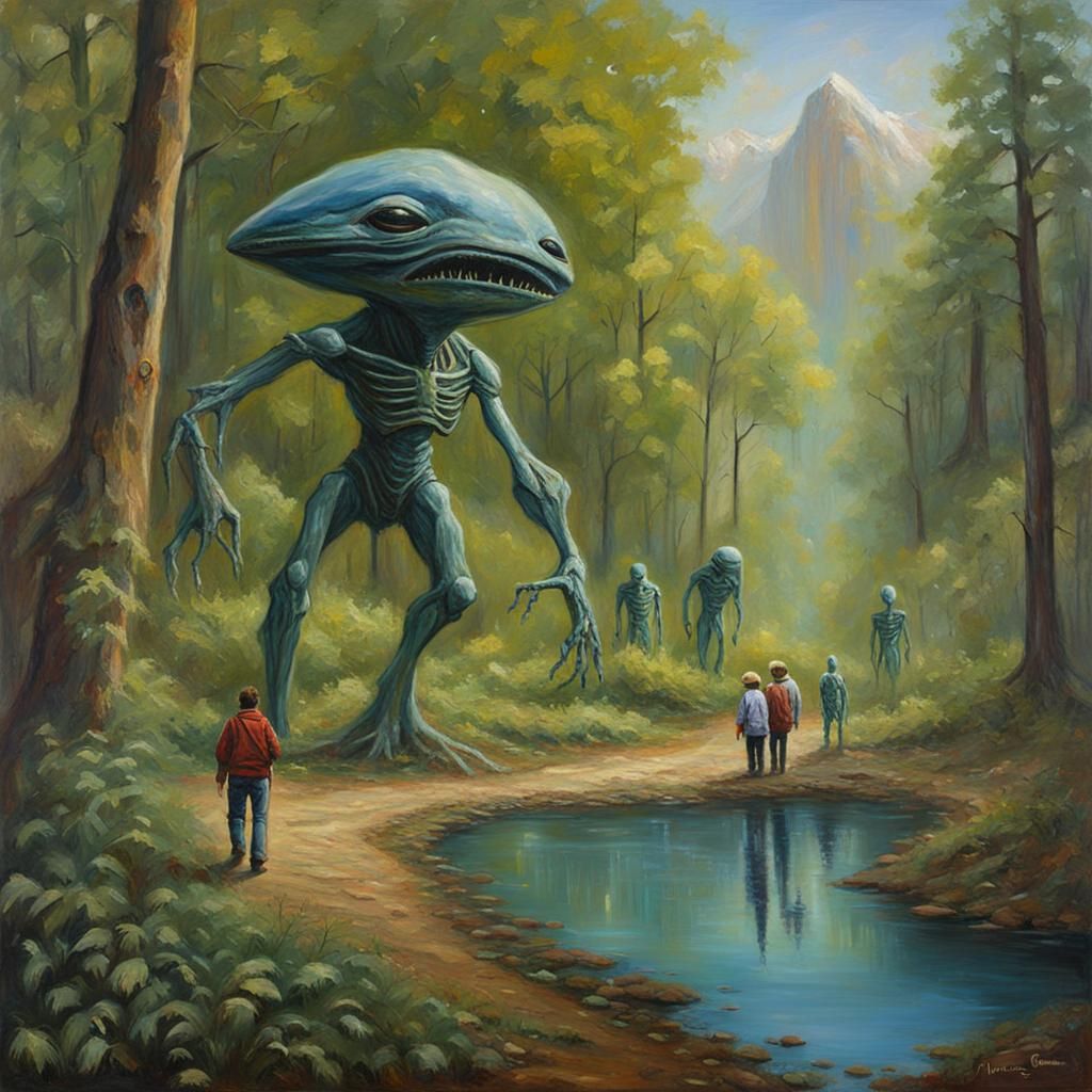 Aliens and Human Rights in Nature: Oil Painting