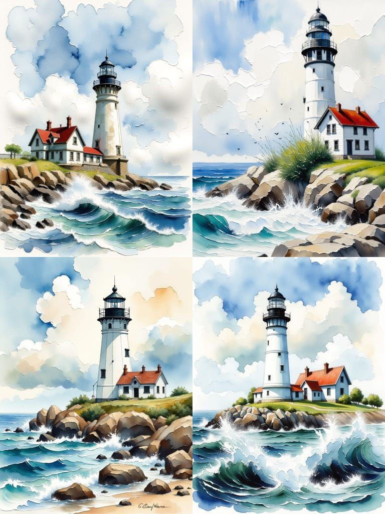 Watercolor Lighthouse Scene with Keeper