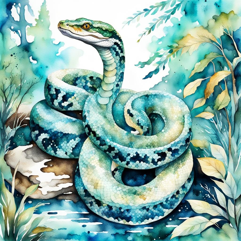 Glittering Python in Magical Forest: Watercolor Portrait