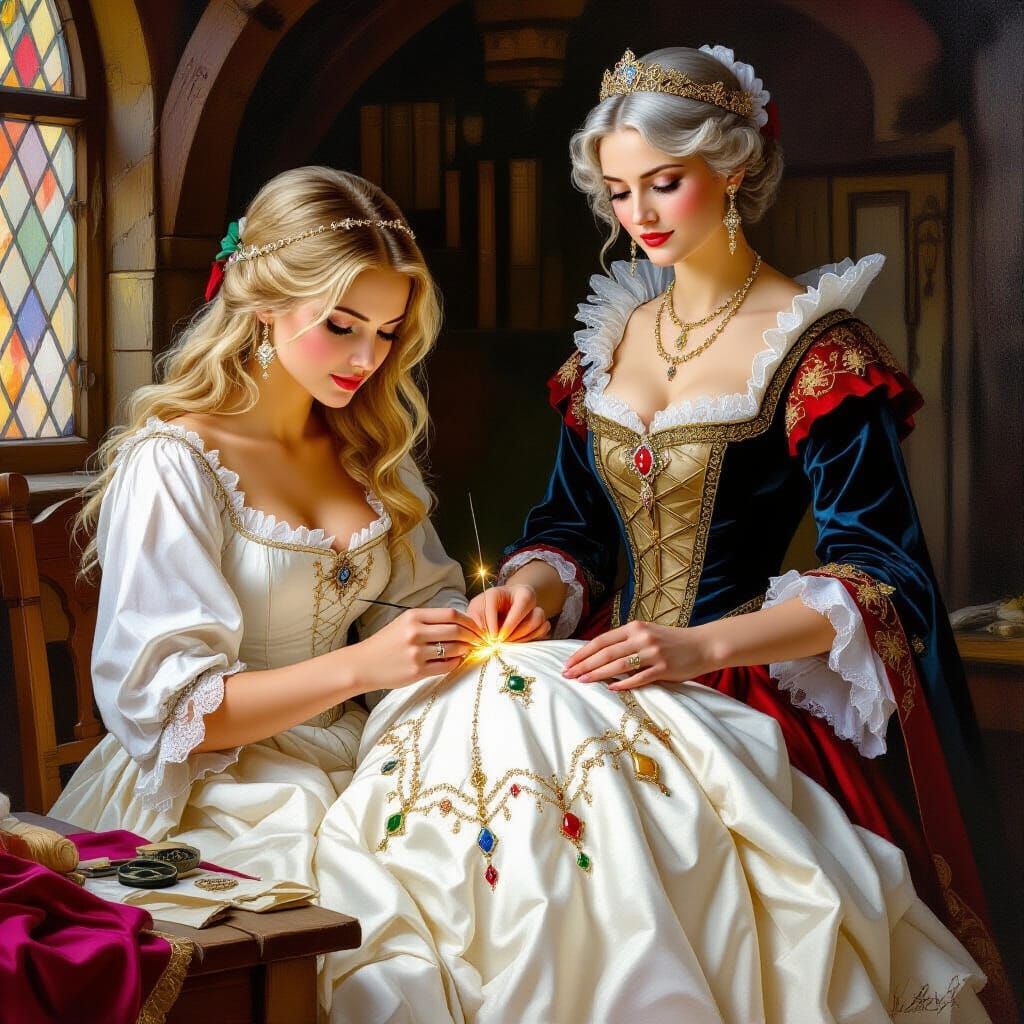 Medieval Seamstress Embroidering Magic Jewels on Gown