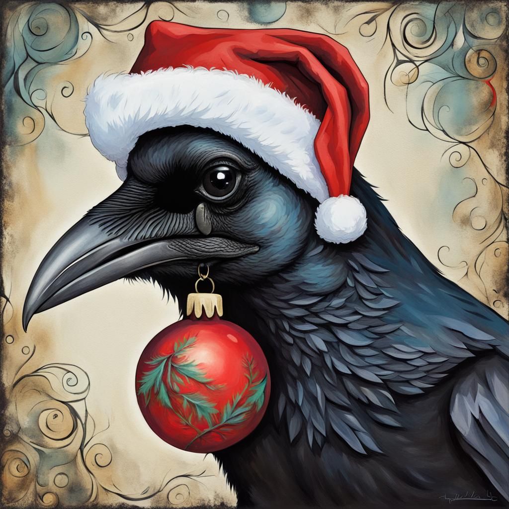 Festive Crow with Santa Hat in Pop Surrealism Style