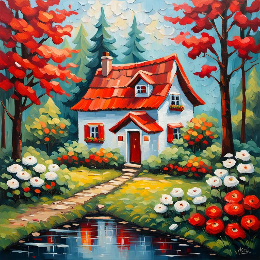 Cozy Cottage in Forest Garden, Neo-Impressionist Oil Paintin...
