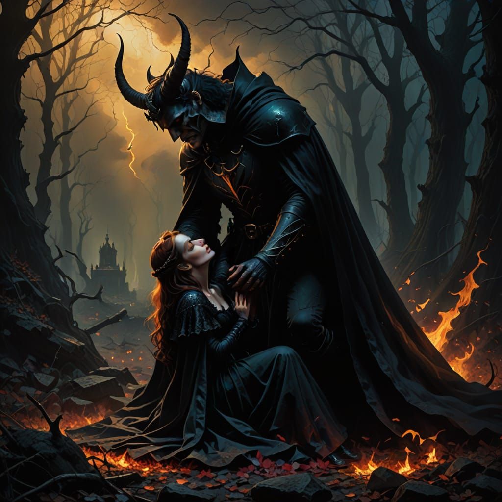 Gothic Demon Kneels to Kiss Sleeping Princess in Dark Fantas...