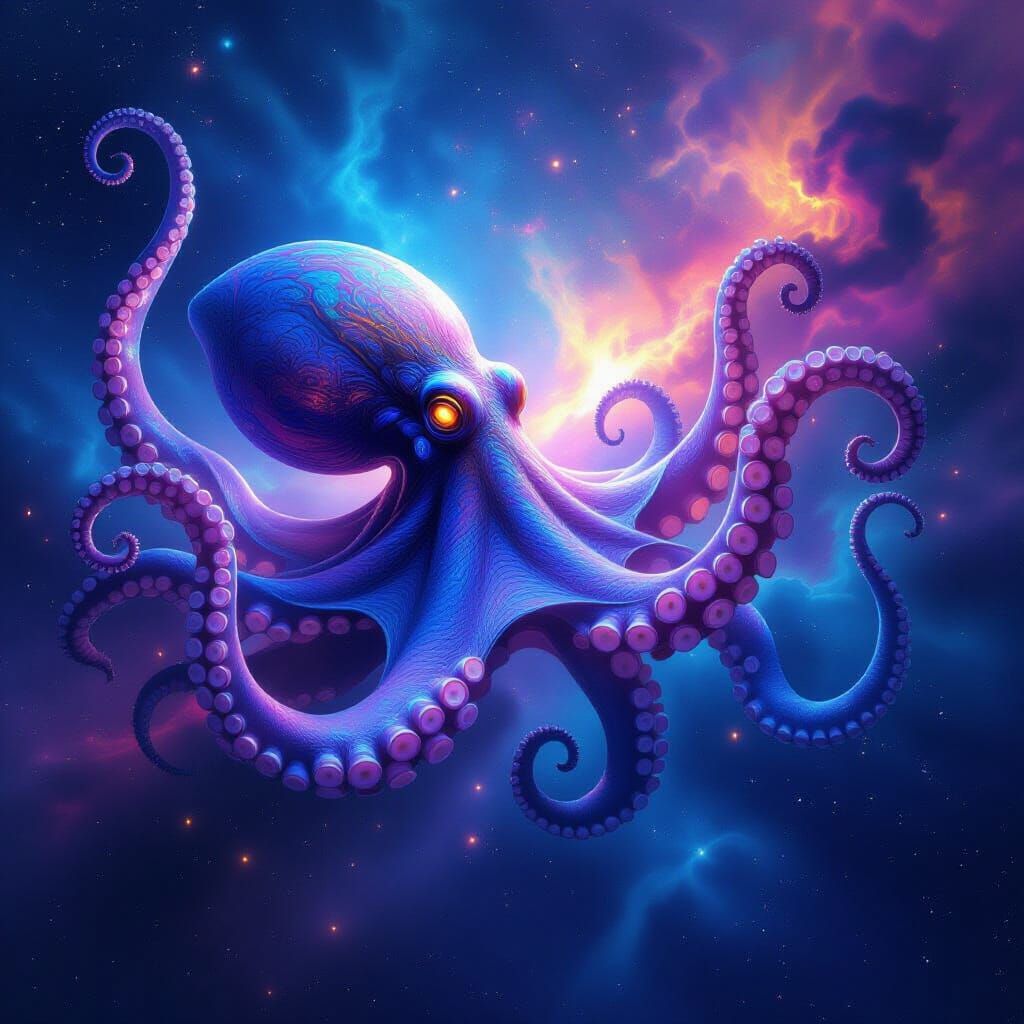 Bioluminescent Octopus Drifts Through Cosmic Nebula