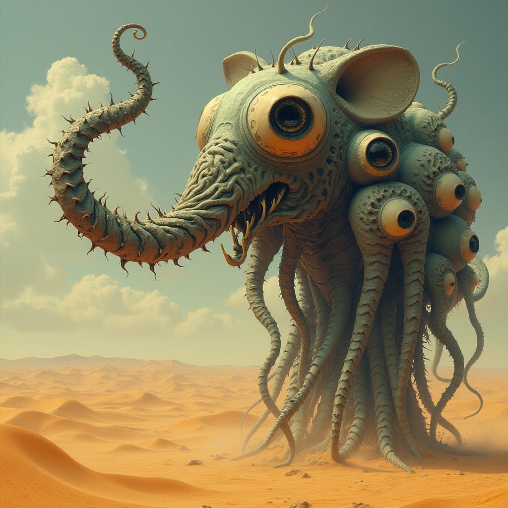 A creature with multiple big gross eyes, long fractal elephant trunk, and a fractal, fan like, deep black hole shaped he...