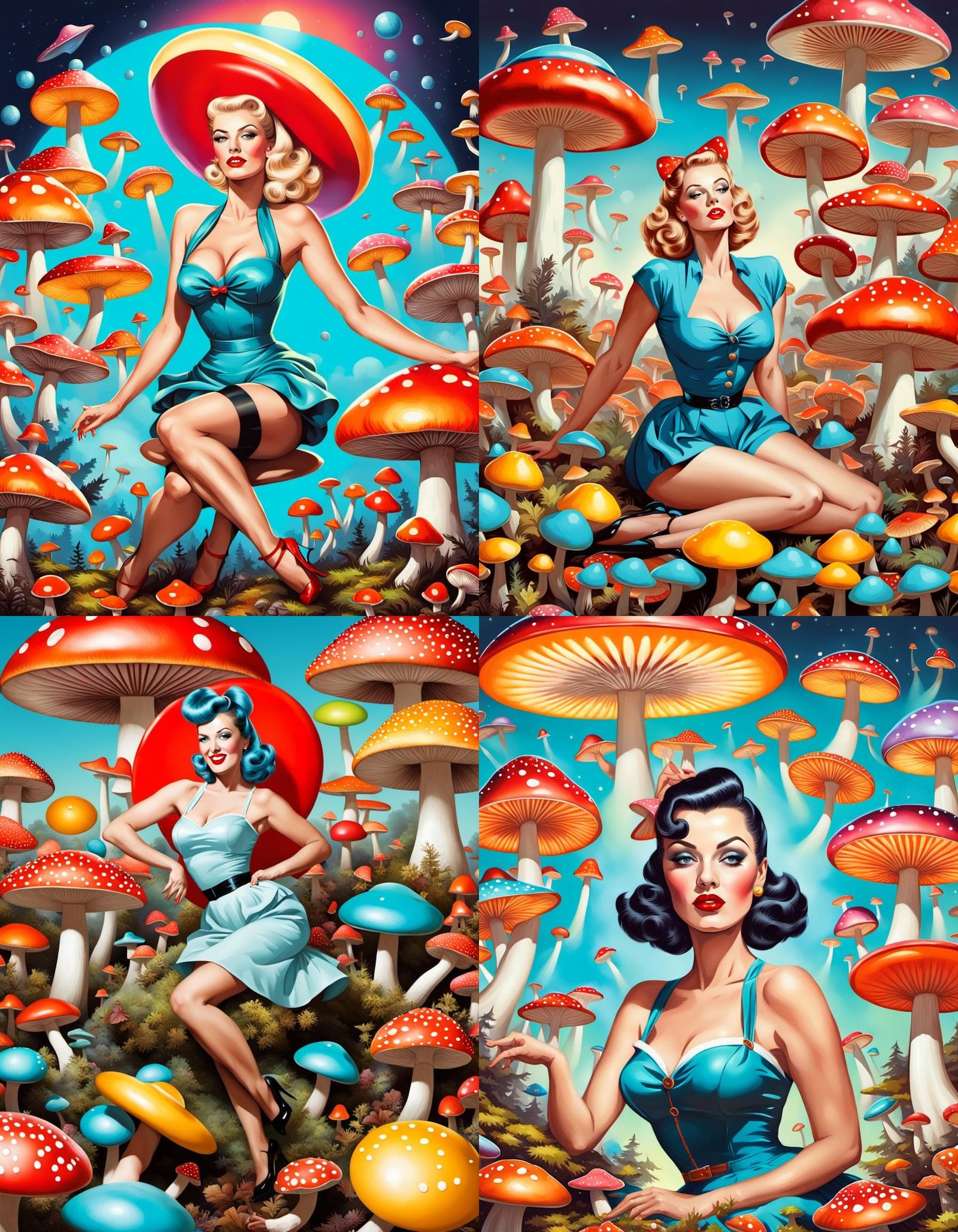 Pinup girl surrounded by colorful mushrooms and flying sauce...