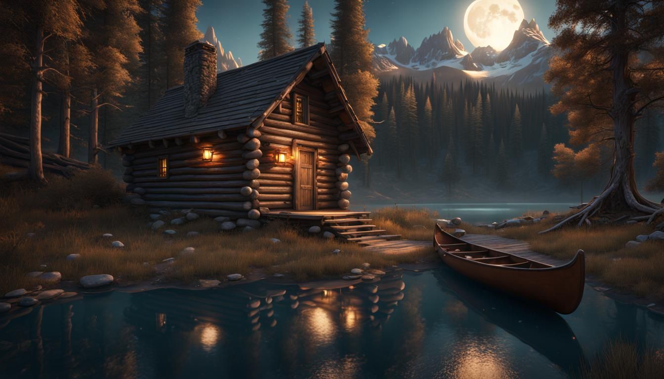 Log Cabin in Forest with Lake and Canoe