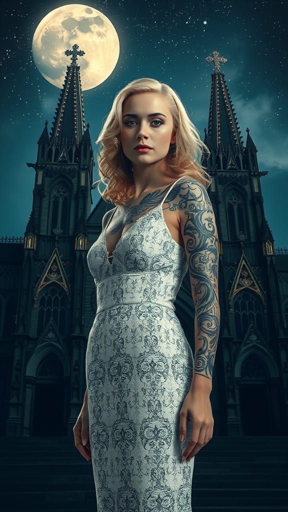 Gothic Bride with Mystical Tattoos in Ethereal Moonlight