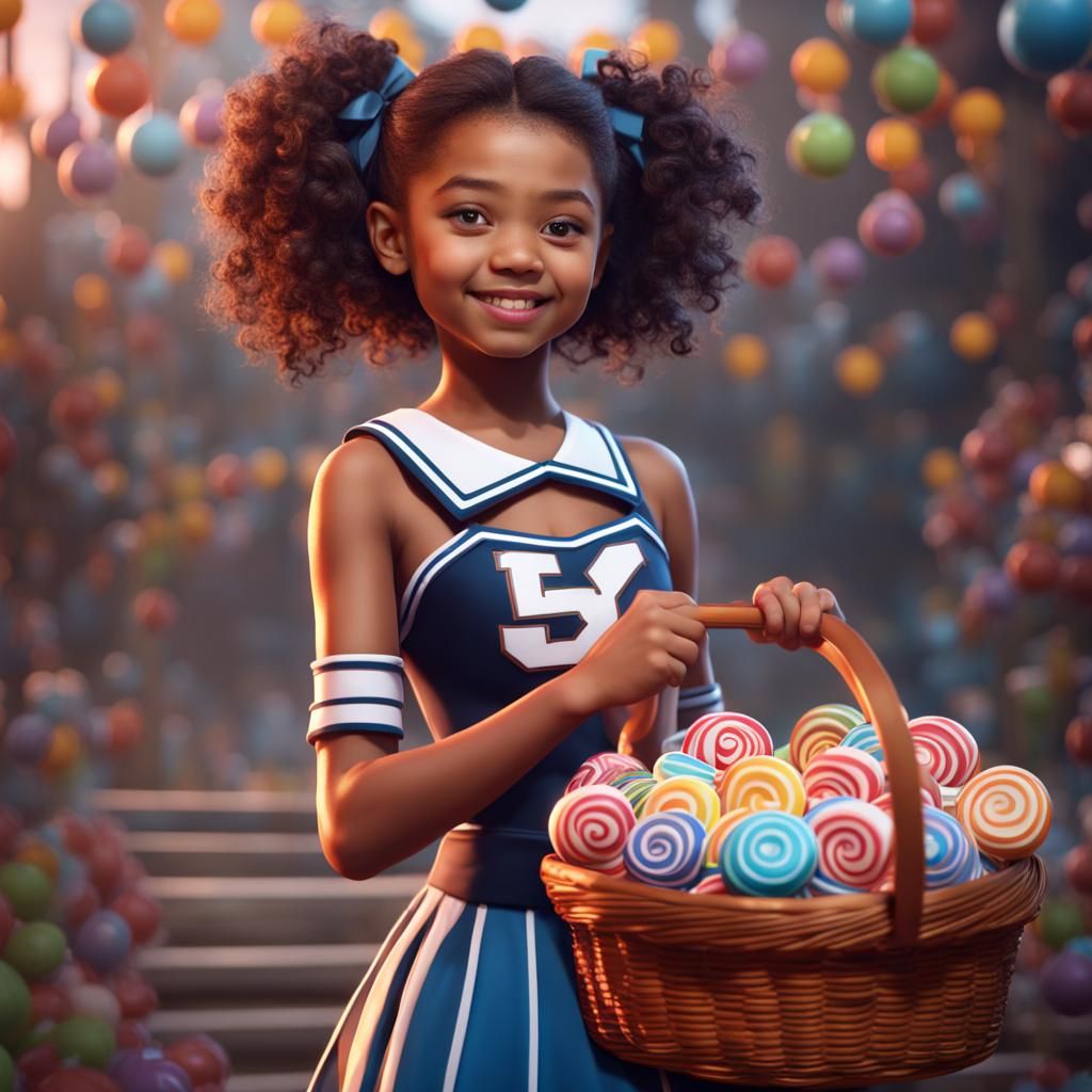 Girl in Cheerleader Outfit with Candy Basket