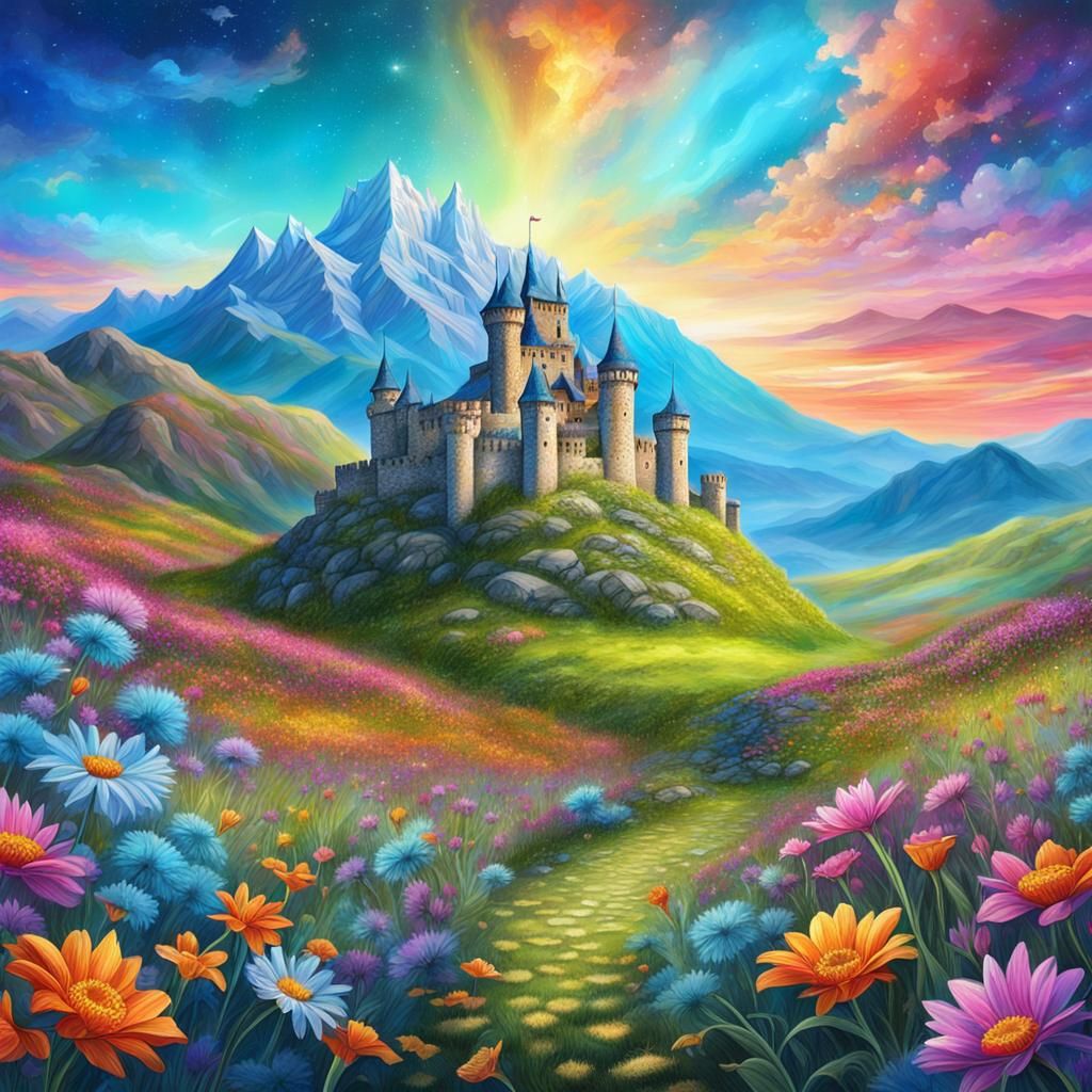 Colorful Castle on Hill in Astral Illustration