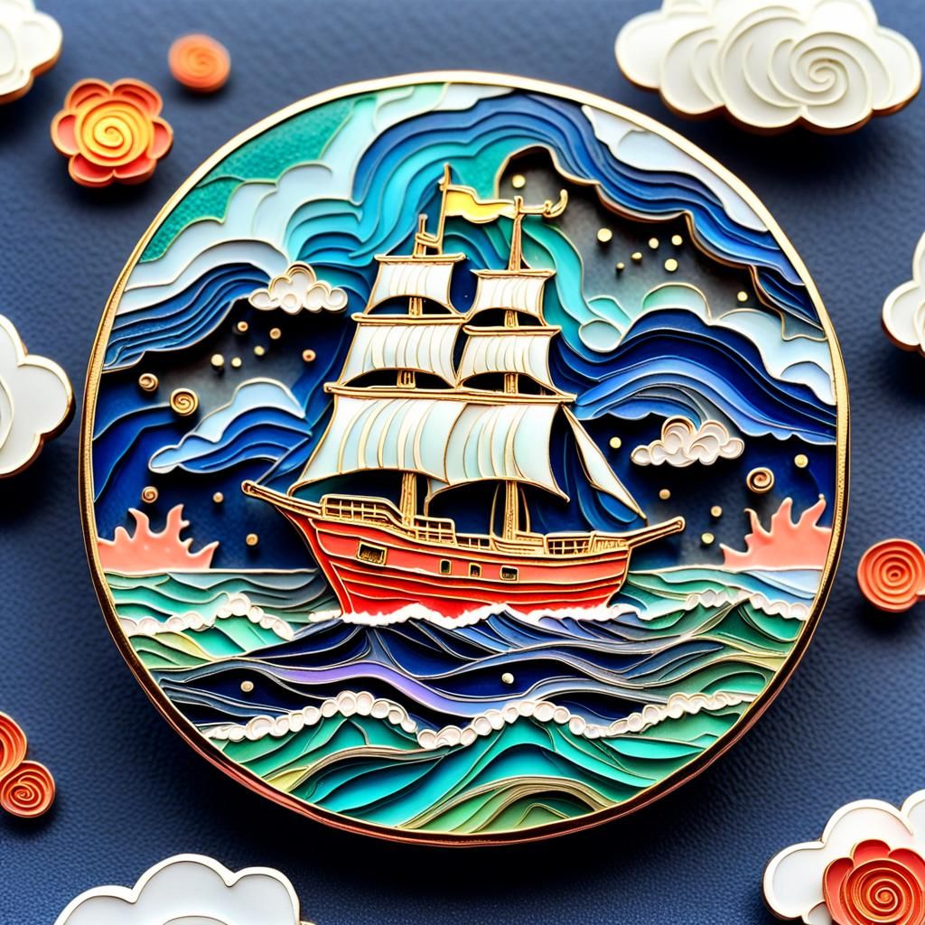 Stormy Voyage Enamel Pin in Cubist Style