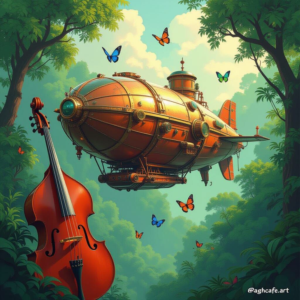 Steampunk Airship Amidst Lush Forest: Digital Art