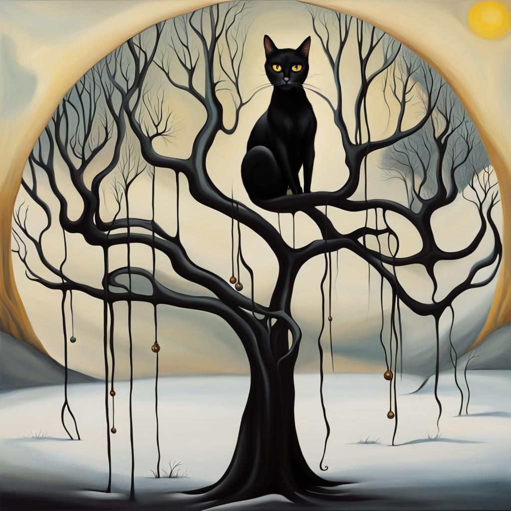 Surreal Black Cat in Winter Tree, Dali Style