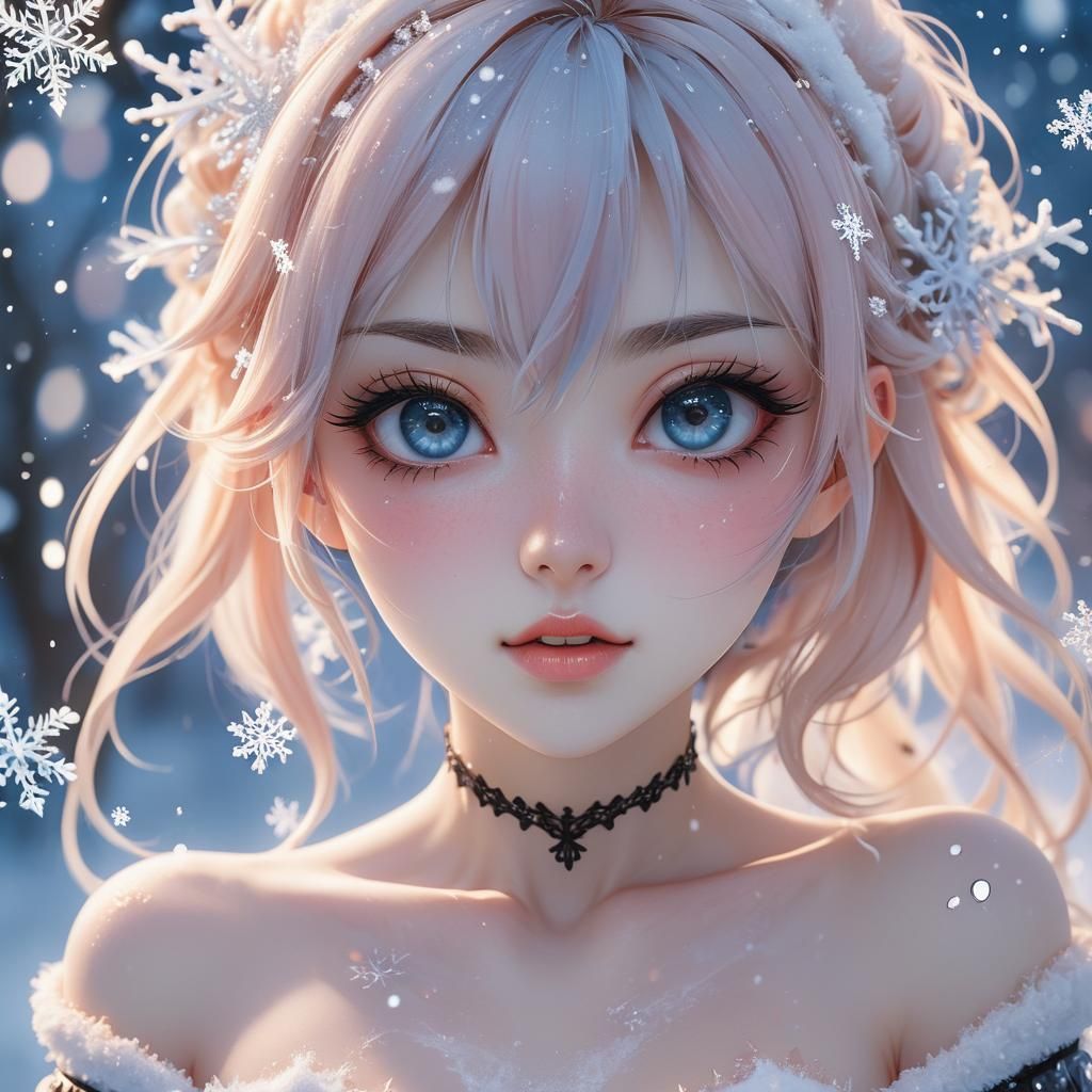 Hyperrealistic Anime Portrait of Gothic Woman in Snow