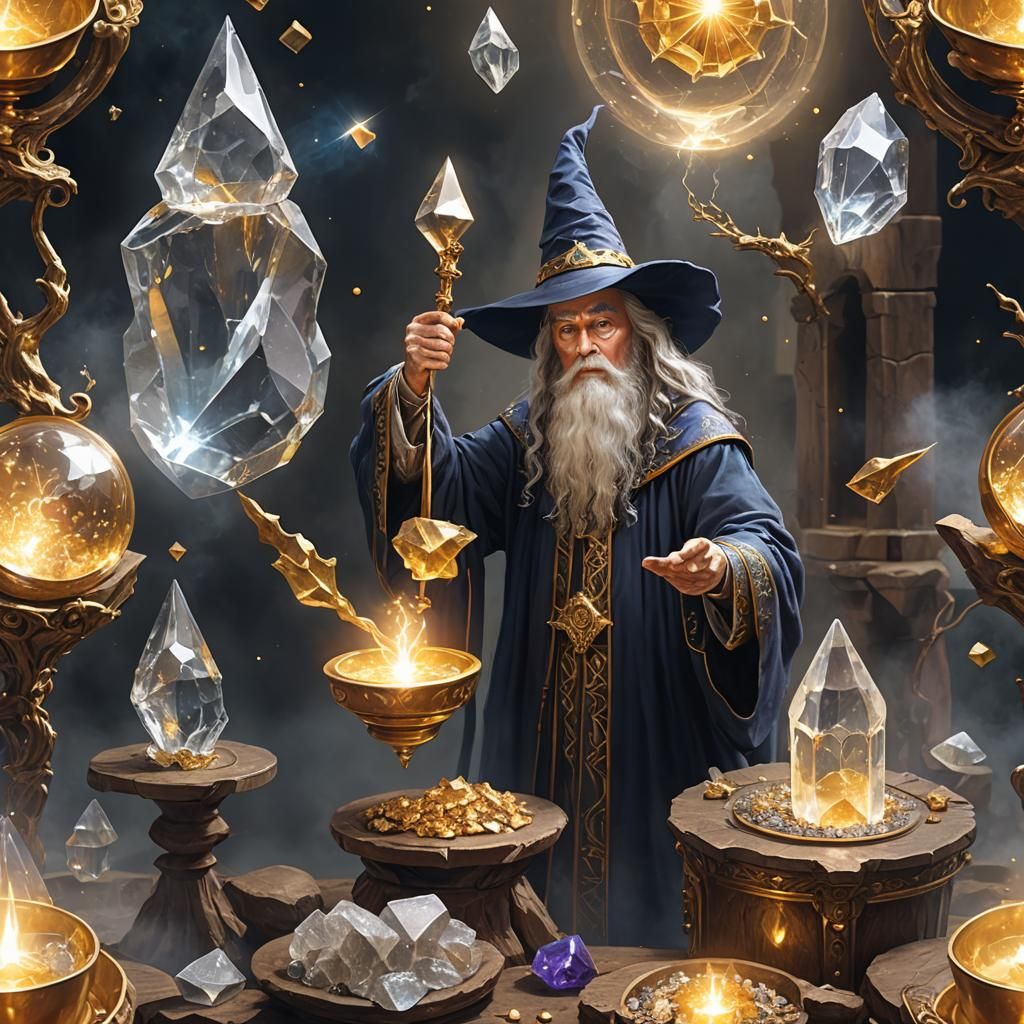 Wizard performing a magical incantation to transform an crystal into gold