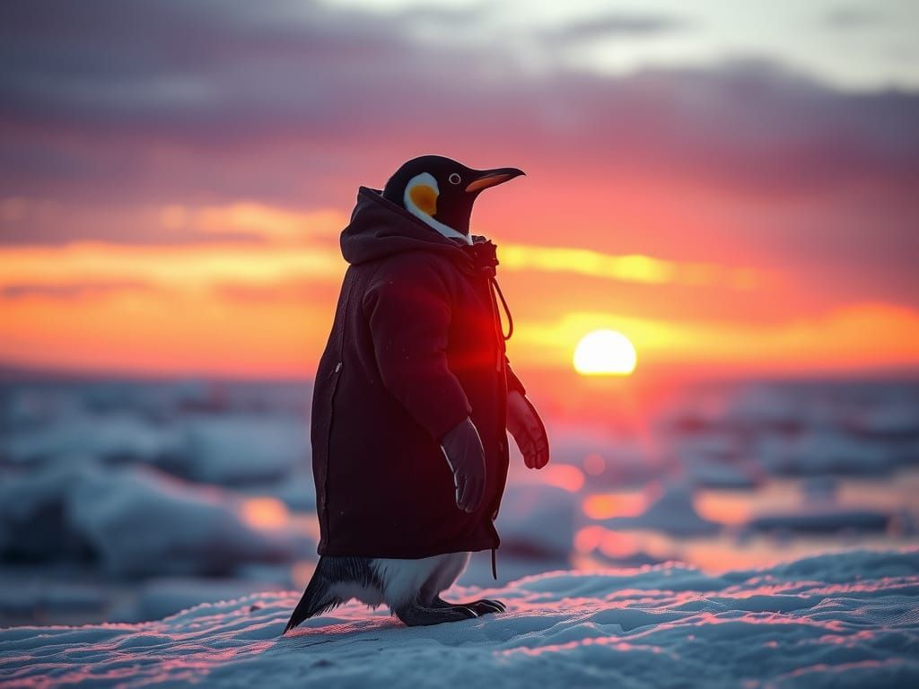 Penguin Gazing at Sunset in Digital Painting Style