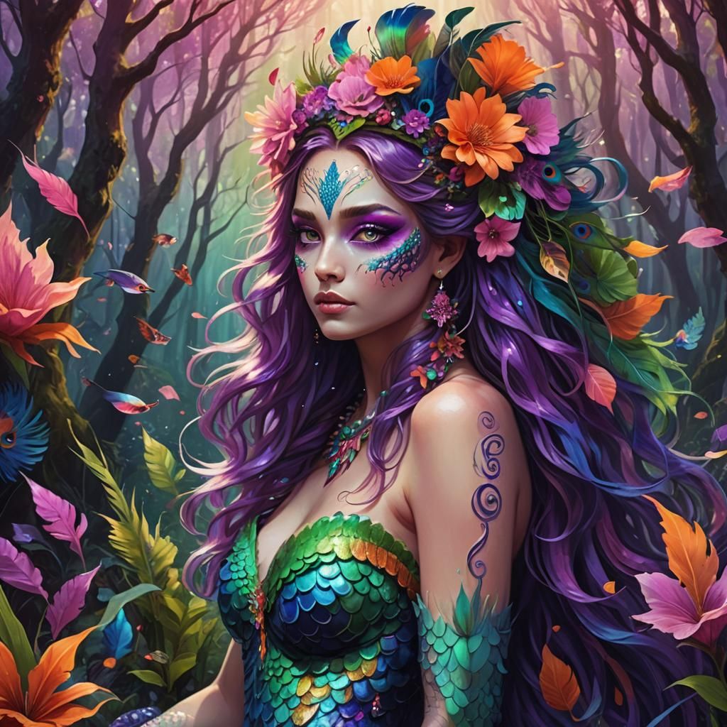 Peacock Mermaid in Enchanting Art Nouveau Forest