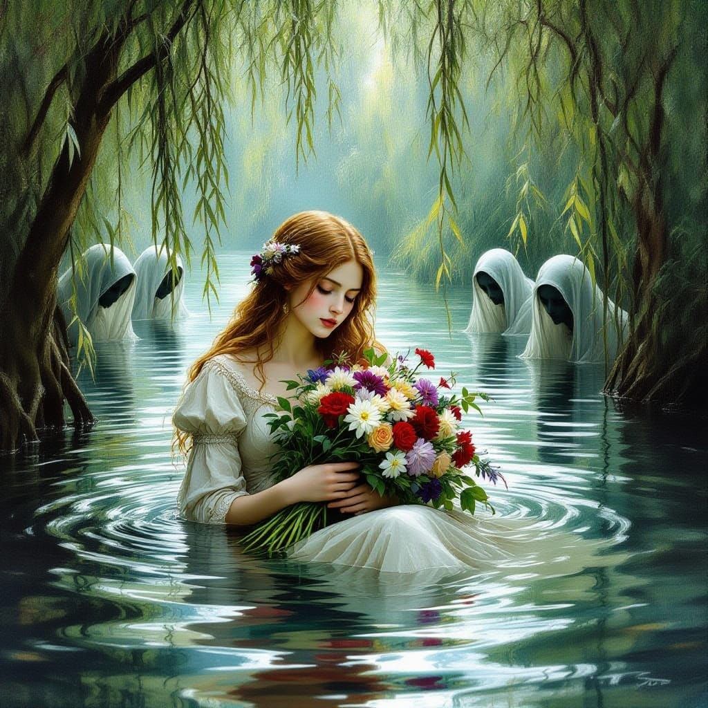 Ophelia's Tragic Float in River, Pre-Raphaelite Style