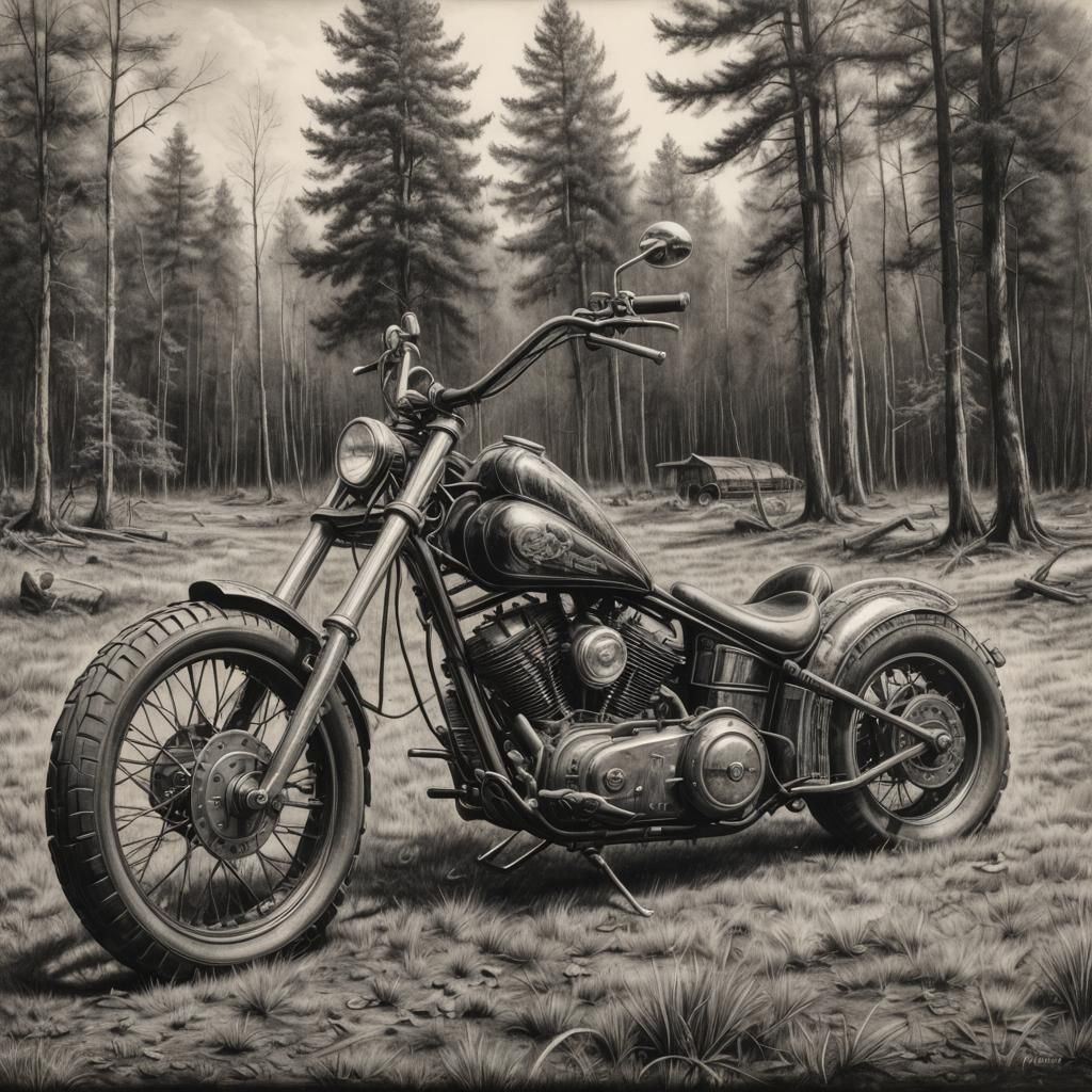 Hyperdetailed Charcoal Drawing of a Long Rake Chopper