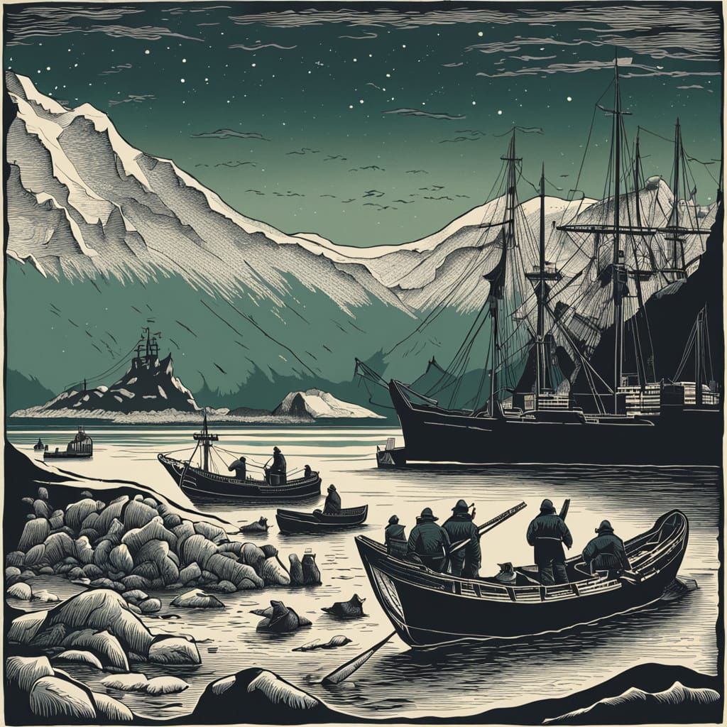 Frozen Whaling Outpost Under Northern Lights