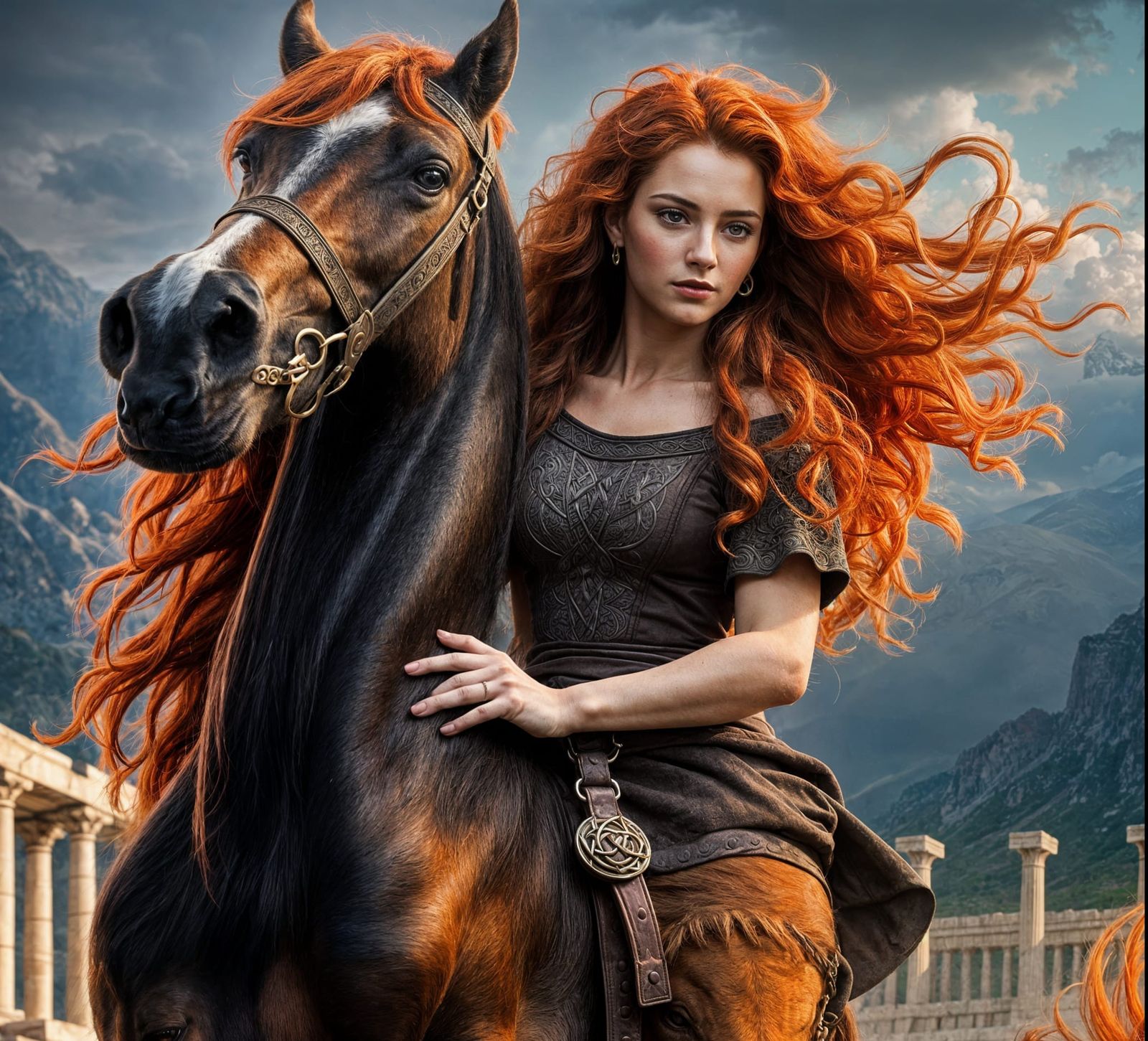 Woman on Horse in Ancient Greece, Classical Painting Style