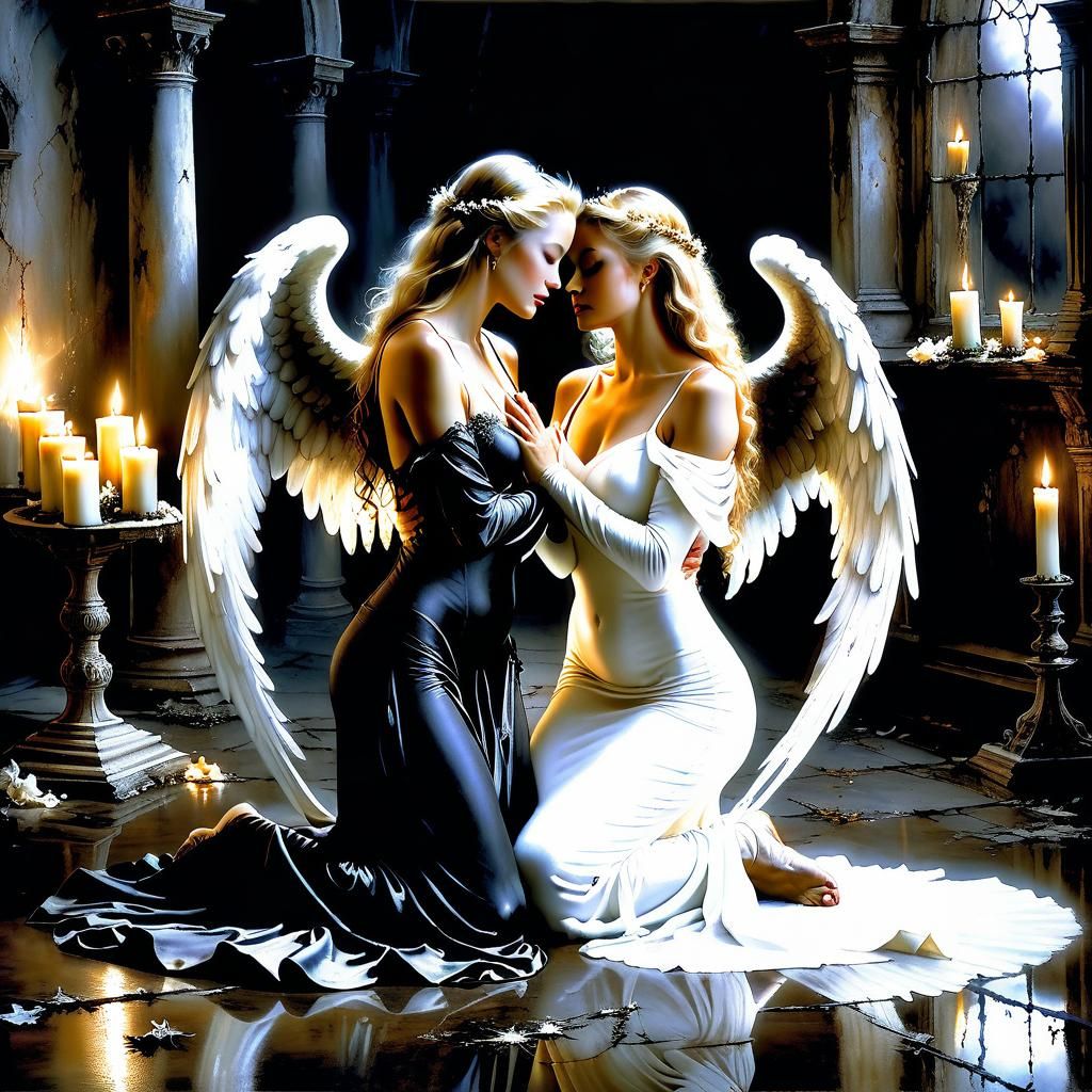 Angelic Protection in Abandoned Temple: Luis Royo Style