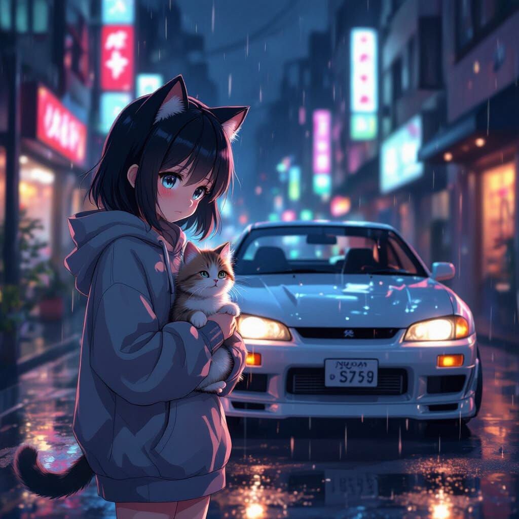 Anime Girl with Kitten on Rainy Street at Night