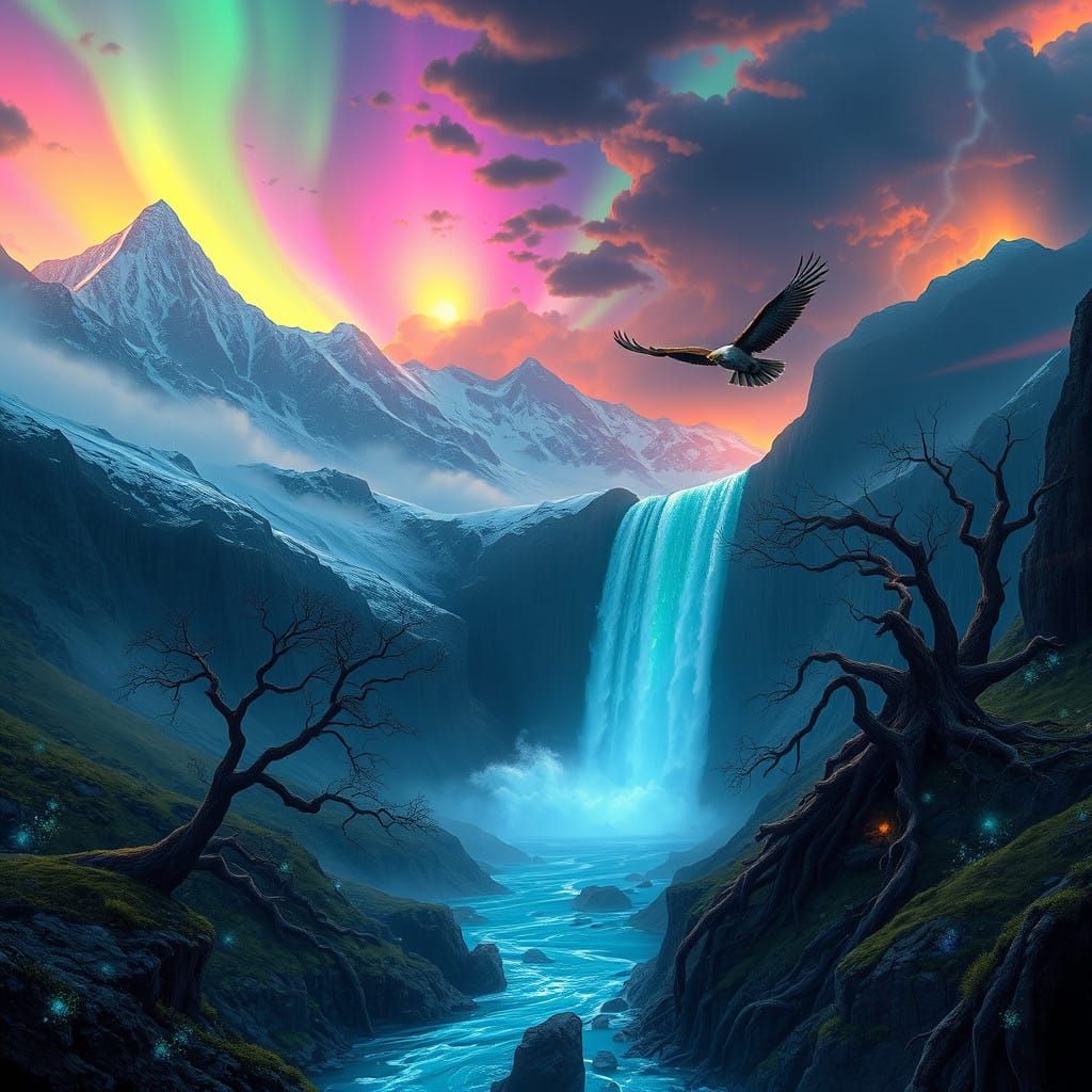 Epic Snow-Capped Mountains in Vibrant Auroras under Fiery Su...