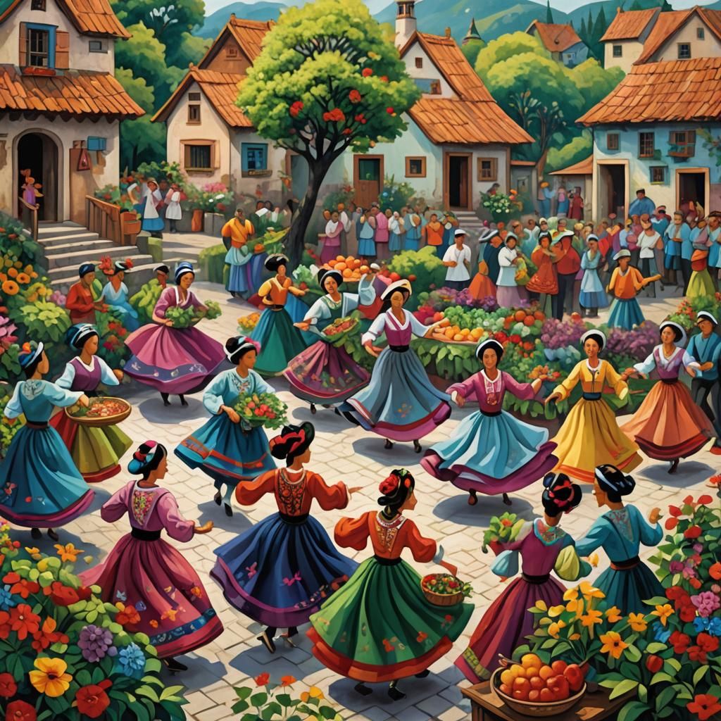 Colorful Folk Art Dancers in Lively Village Square