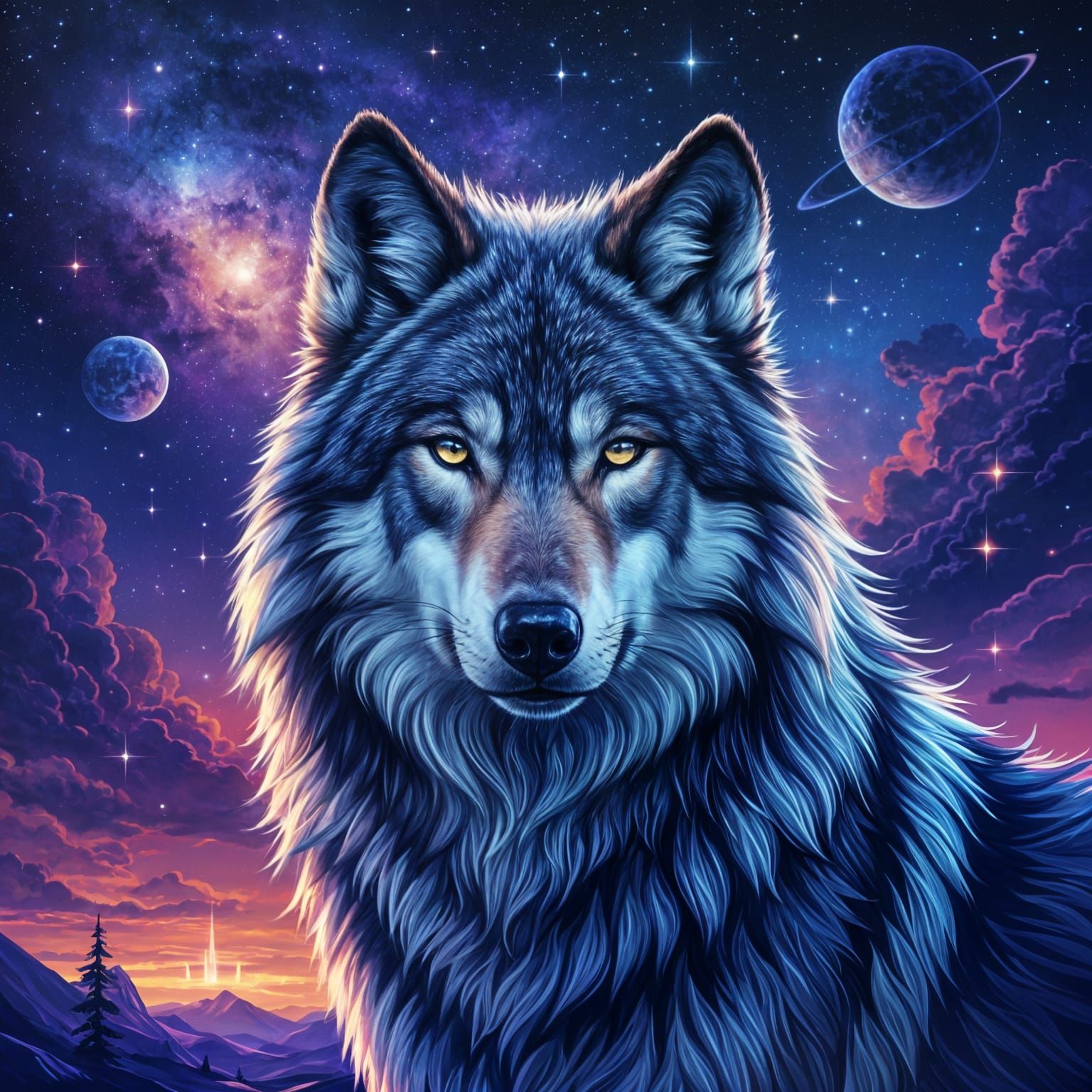 Celestial Wolf in a Mystical Galaxy Landscape