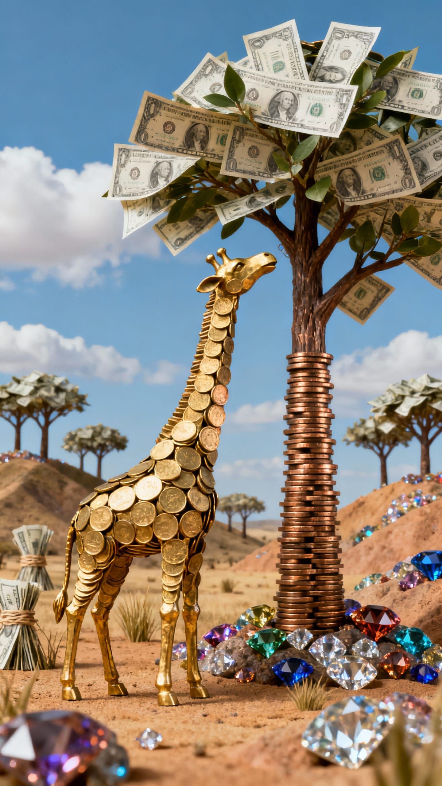 Giraffe Sculpture of Gold Coins with Money Tree