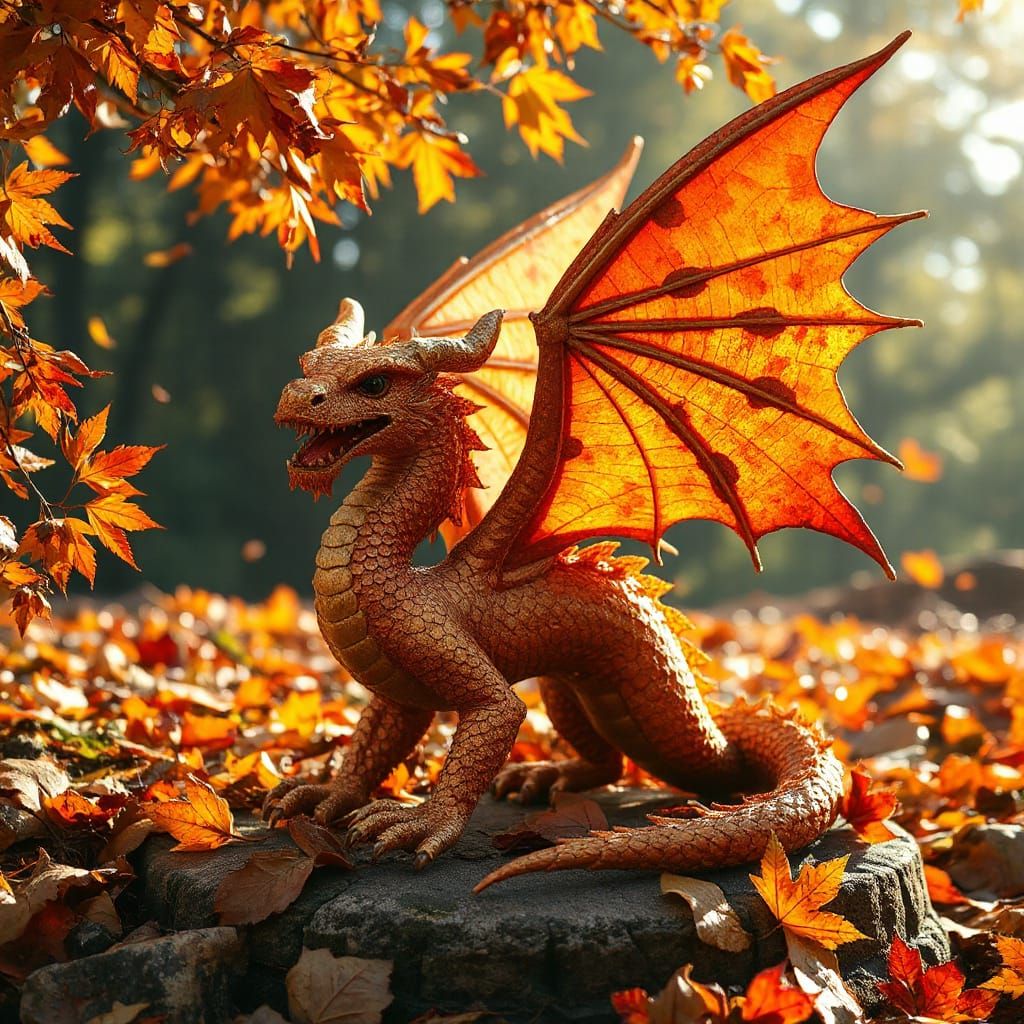 Dragon Sculpture Crafted from Autumn Leaves in Vibrant Hues