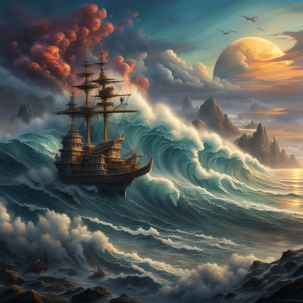 Colorful Oil Painting of a Cresting Wave