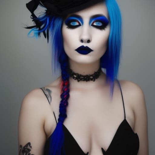 Gothic young lady with cobalt blue hair with crimson red highlights& Black highlights& sapphire blue eyes& smoky black e...