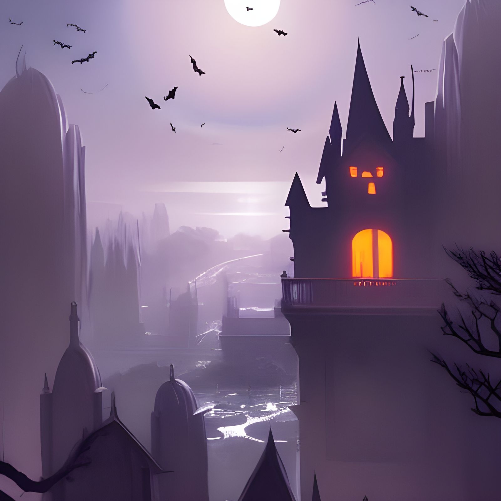 Halloween, graveyard, cemetery, waterfall Townscape Aerial view Studio Ghibli WLOP Greg Rutkowski warm, colors concept ...