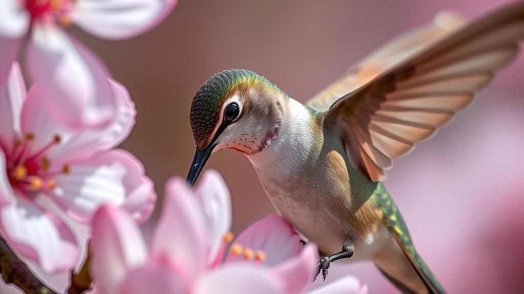 Hummingbird Sips Nectar from Cherry Blossom, Macro Shot