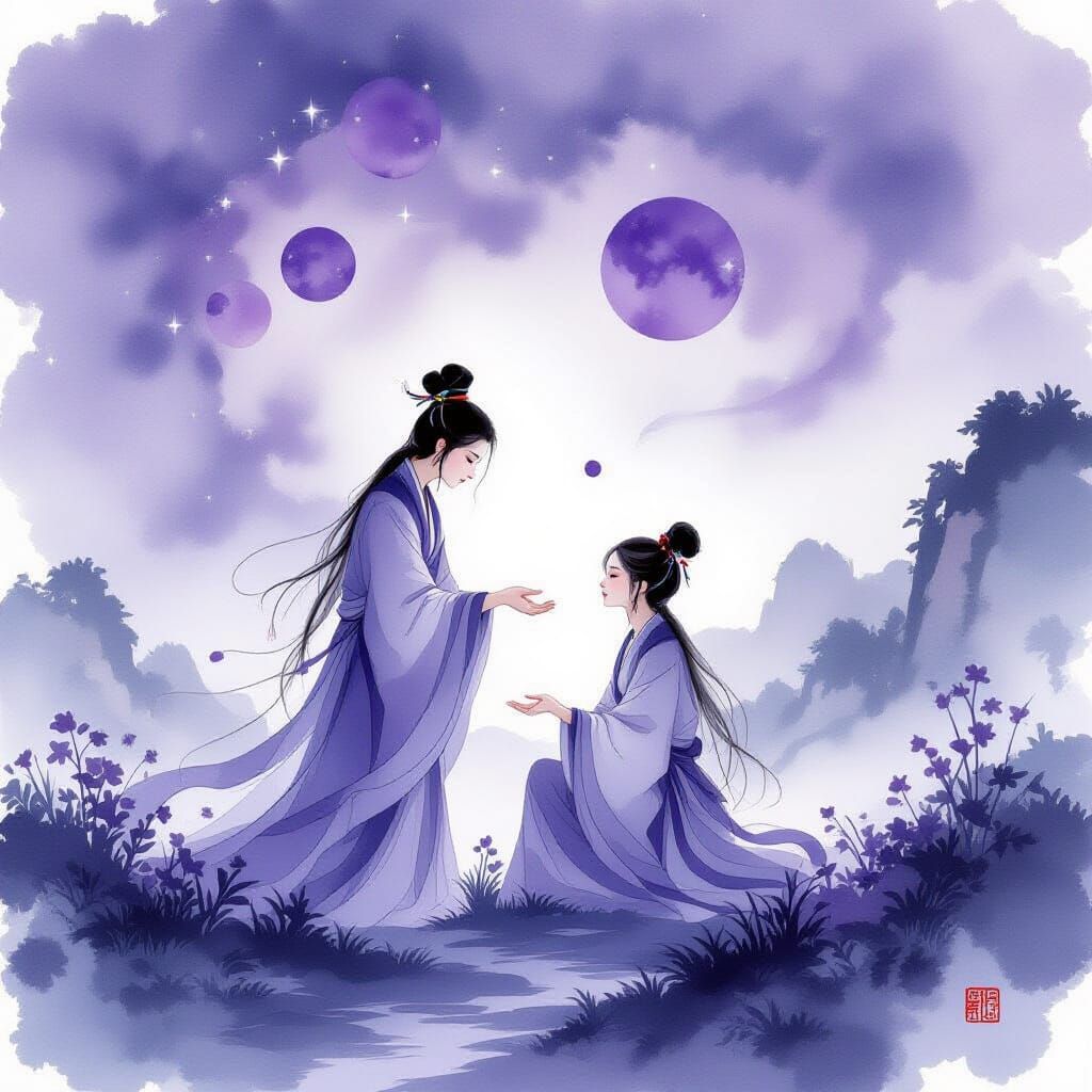 Celestial Ink Figures in Serene Landscape