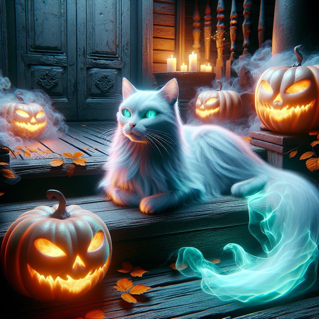 Ethereal Ghost Cat Lounging on Halloween Porch