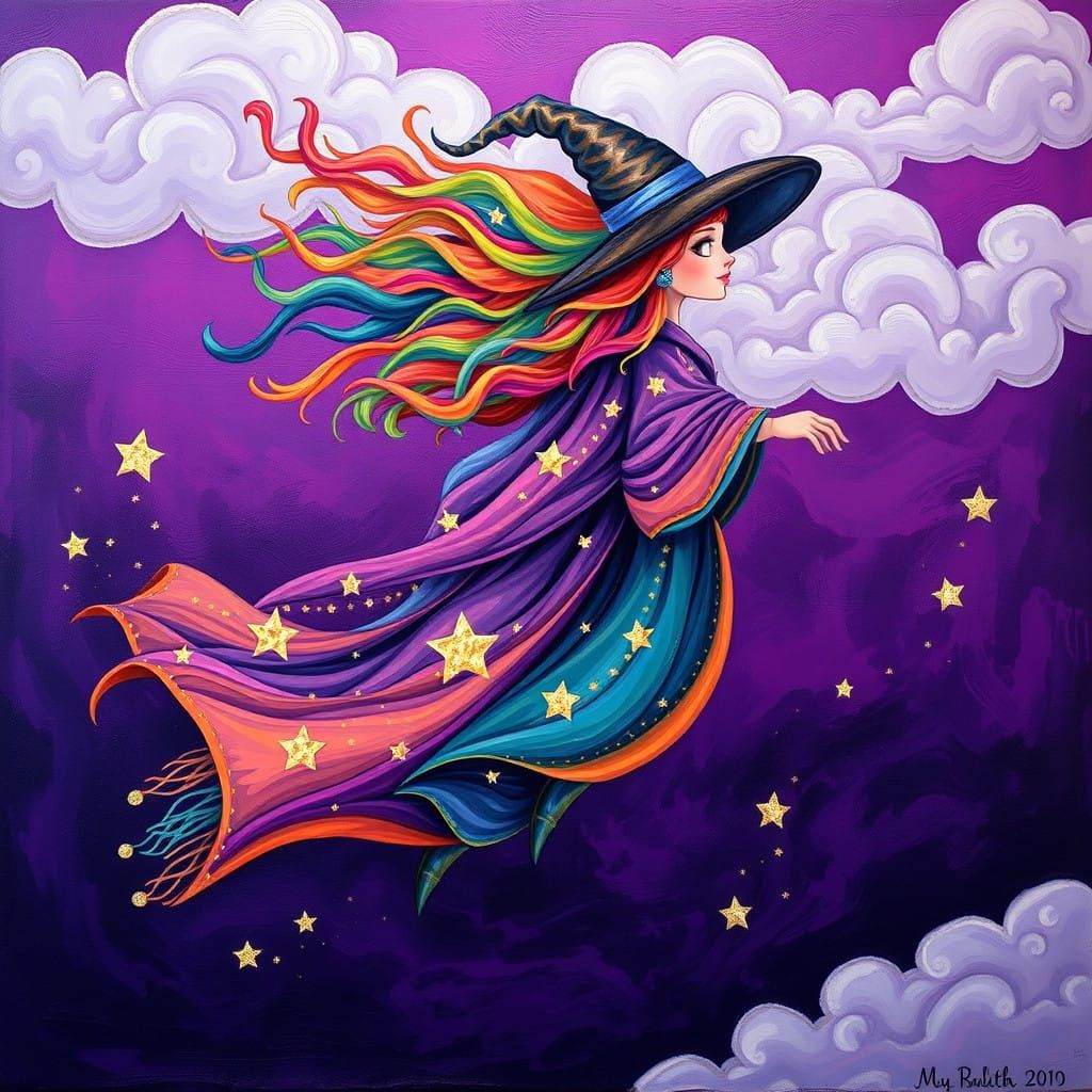 Rainbow Witch Soars in Whimsical, Pop Surrealist Dreamscape