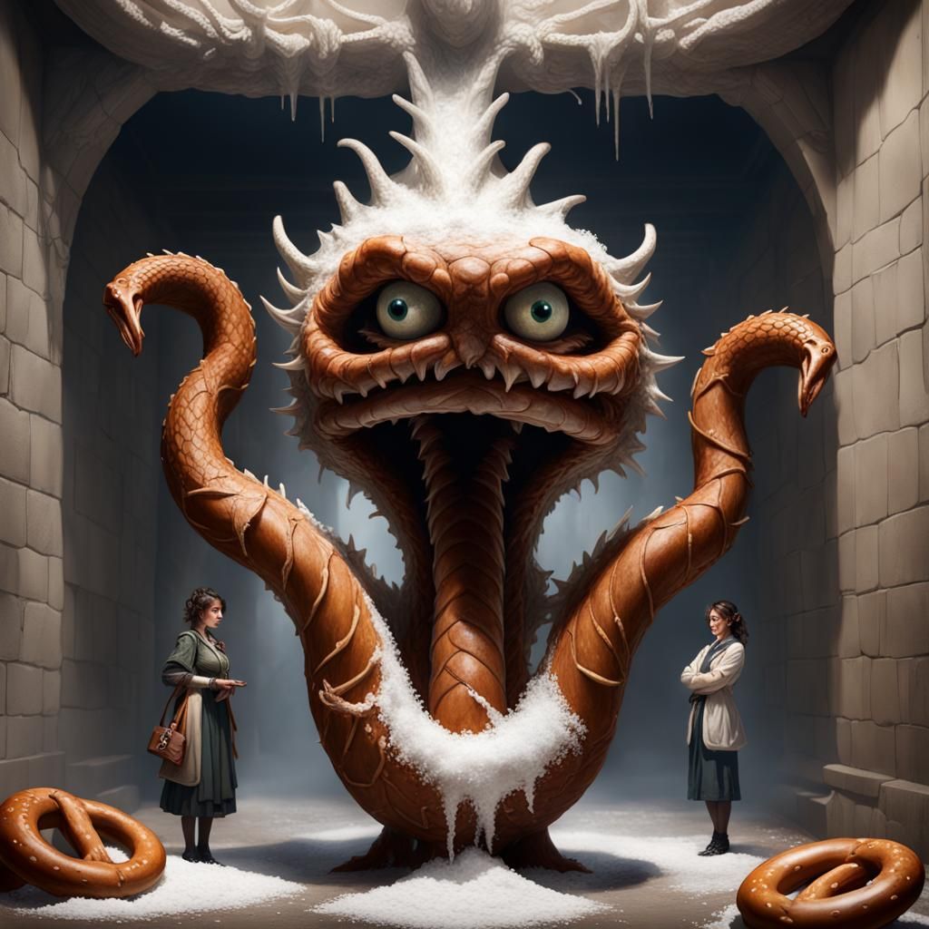 Anthropomorphic pretzel lady, vainquishing a dragon made of salt.