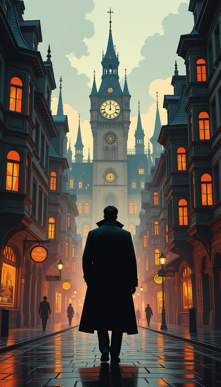 Surreal Cityscape Silhouette in Graphic Novel Style