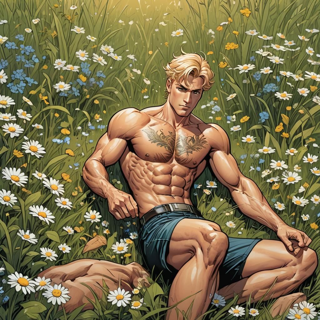 Muscle Man Relaxing in Daisy Meadow, Comic Book Art