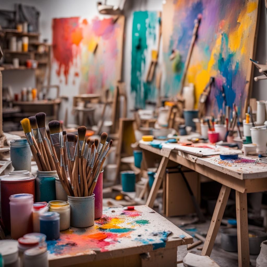 Colorful, Messy Painter's Studio with Scattered Brushes