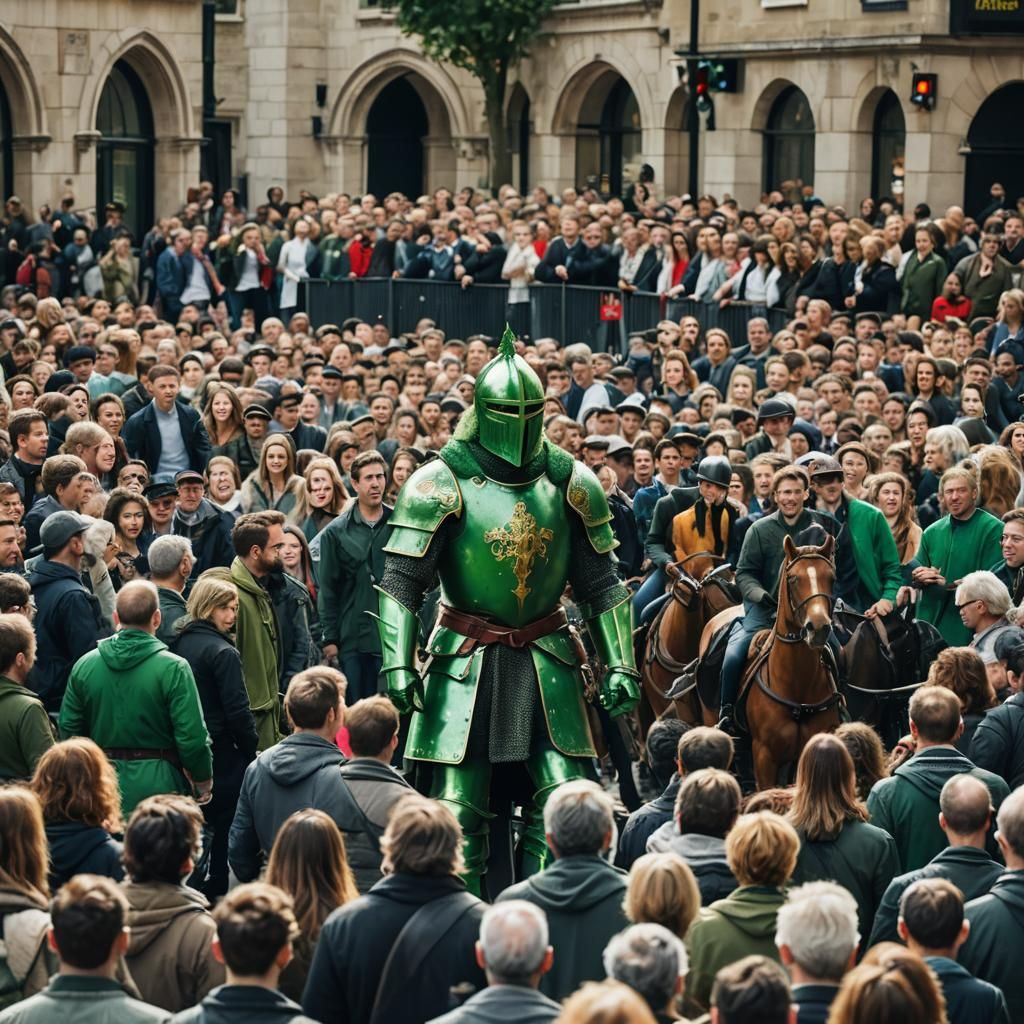 The green knight, on a  street in London, crowd of tourists.