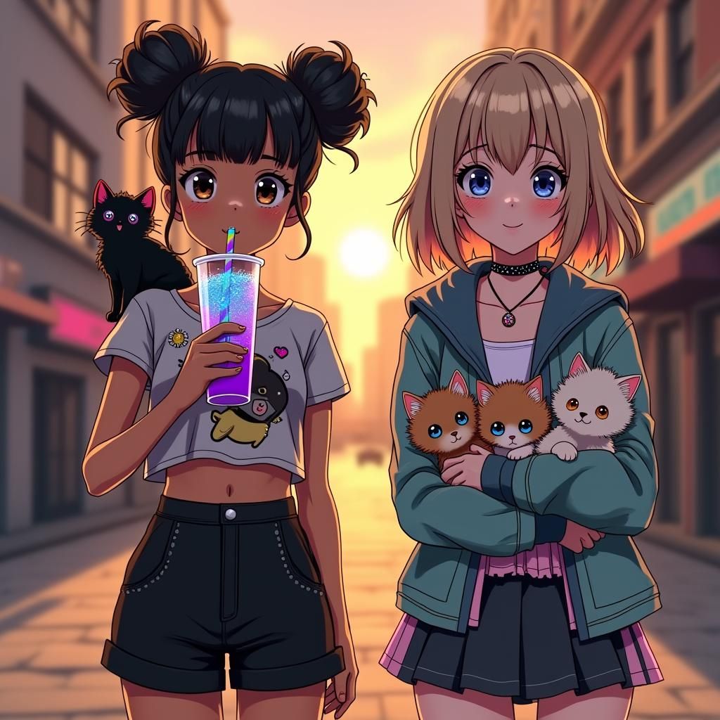 Anime Girls in Cityscape, Studio Trigger Style