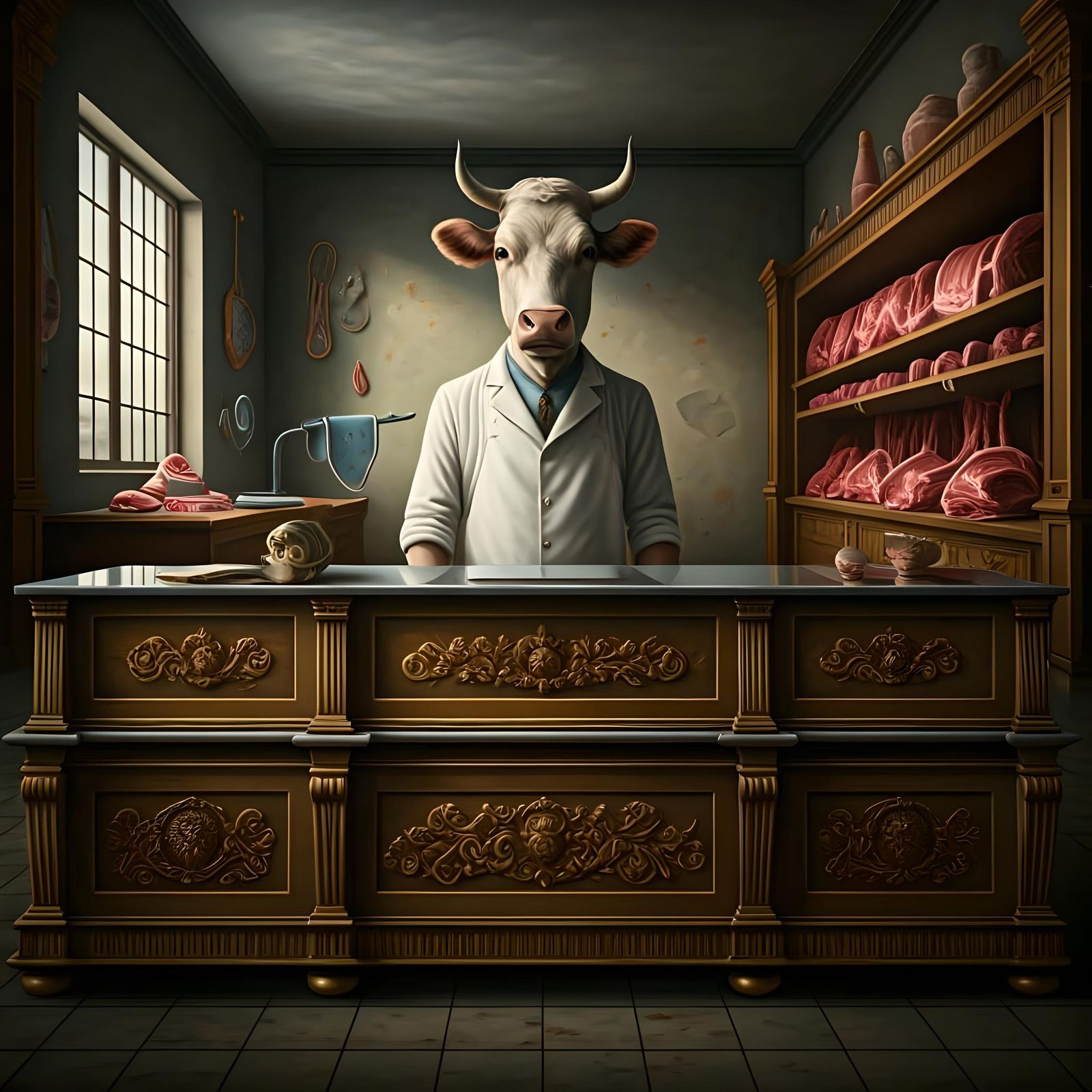 Surreal Cow-Headed Butcher in Dali Style